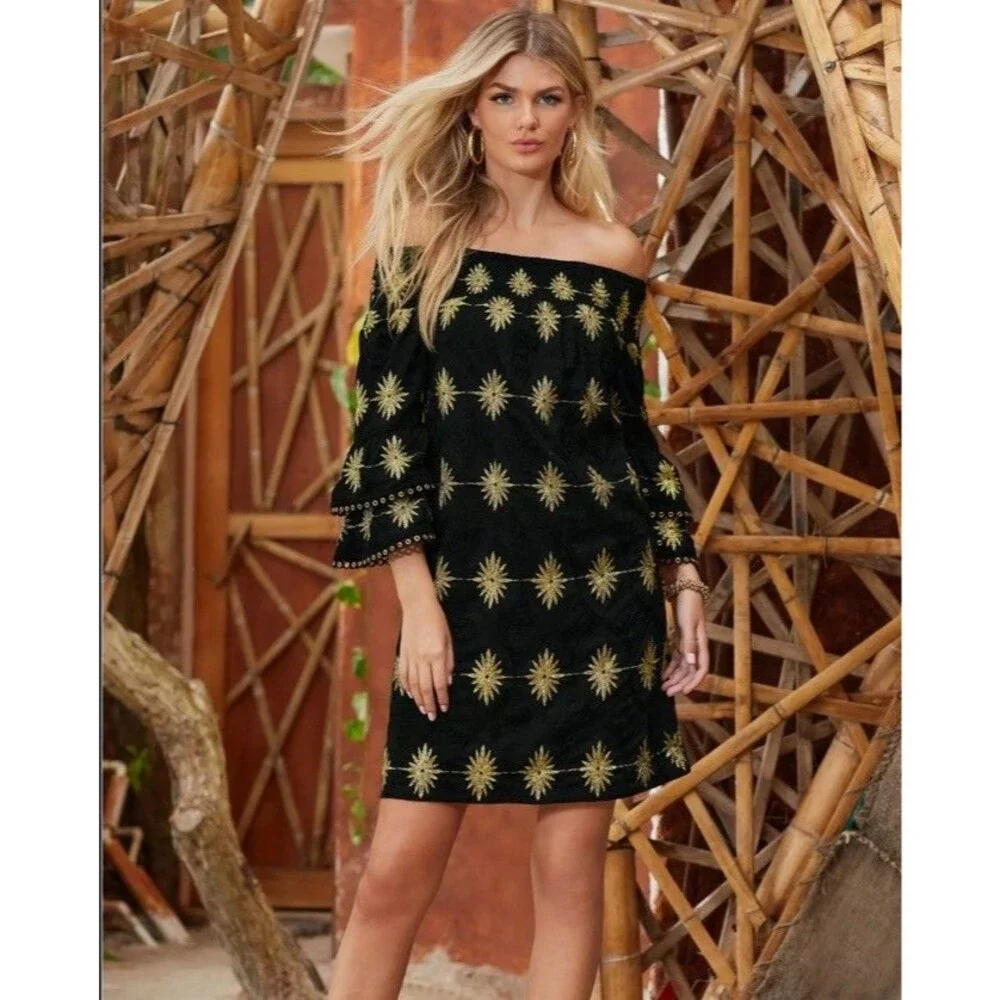Boston Proper XS Off The Shoulder Dress Gold Black Mini Bell Sleeve Embroidered